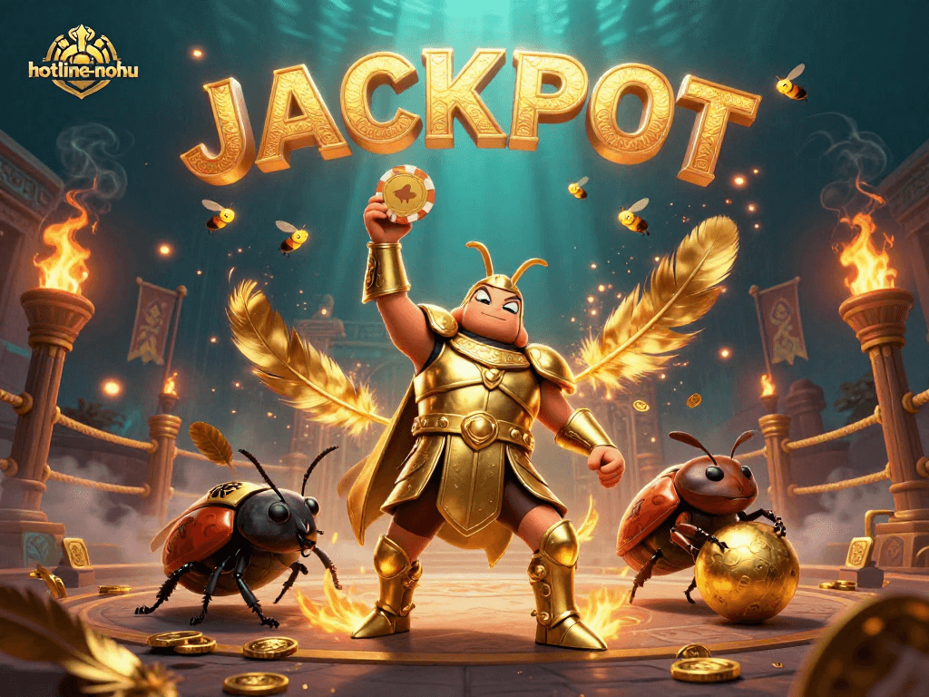 Spin the jackpot at hotline-nohu with a victorious herculean beetle in an exciting casino arena.