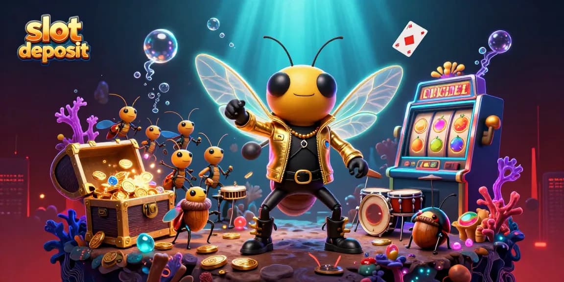 Menangkan slot deposit dengan mudah melalui ilustrasi kartun yang menampilkan cicada rock star dan simbol permainan yang berkilau.