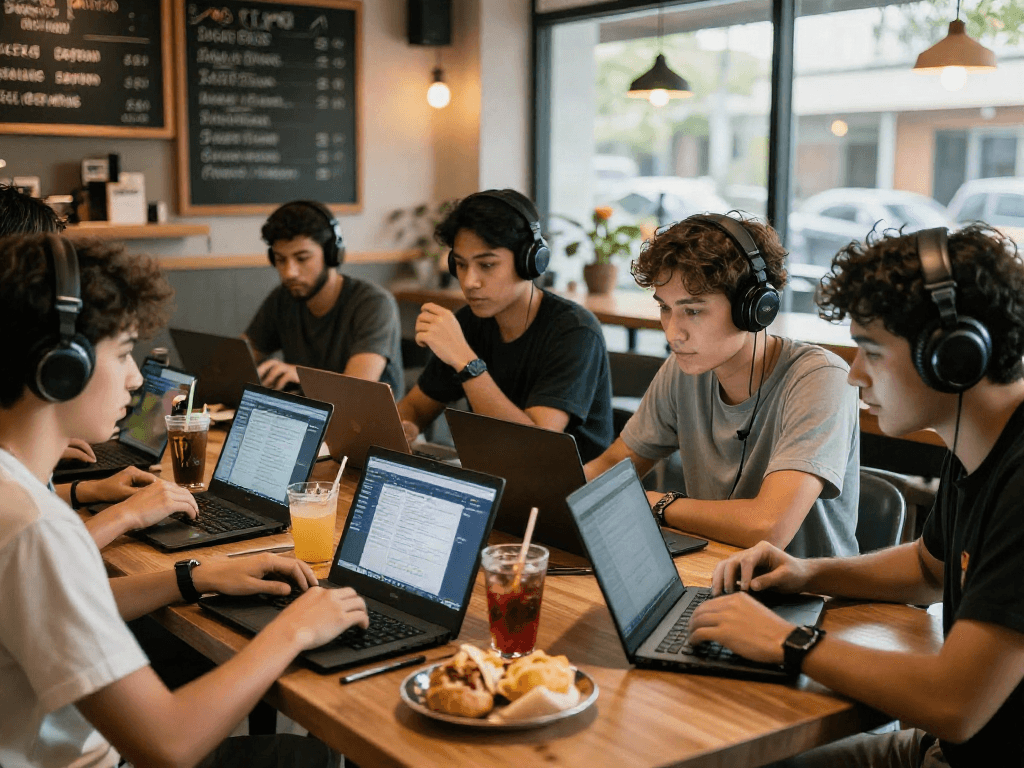 Group of gamers discussing situs toto strategies at a cozy café.