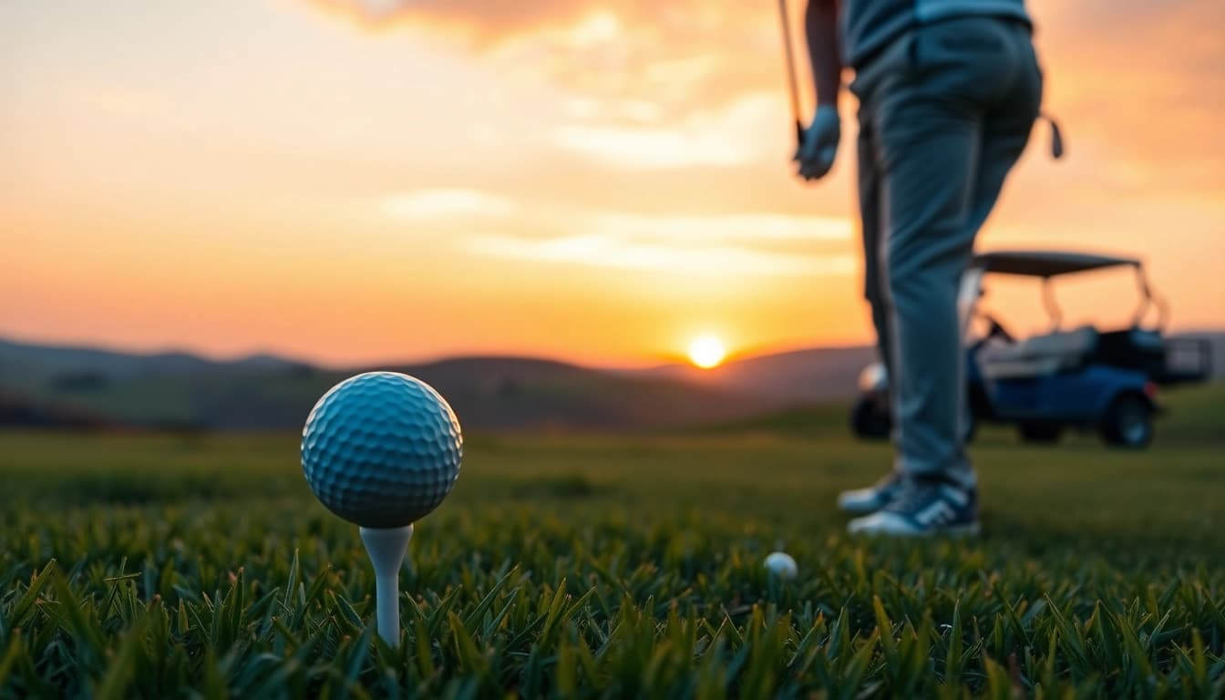 Golf player demonstrating a powerful swing on a lush course during sunset.
