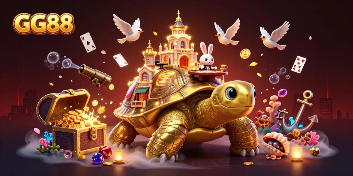 Experience GG88's vibrant casino world with a golden tortoise, rabbit dealer, and flying coins.