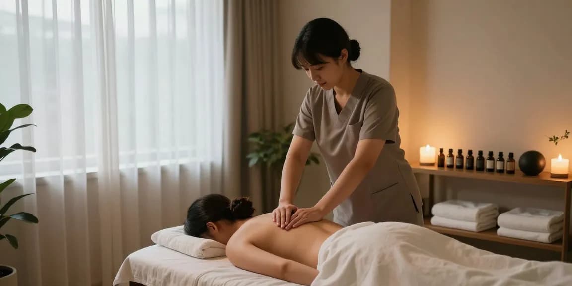 스웨디시 마사지 중인 치료사와 고객의 편안한 치료실 모습
