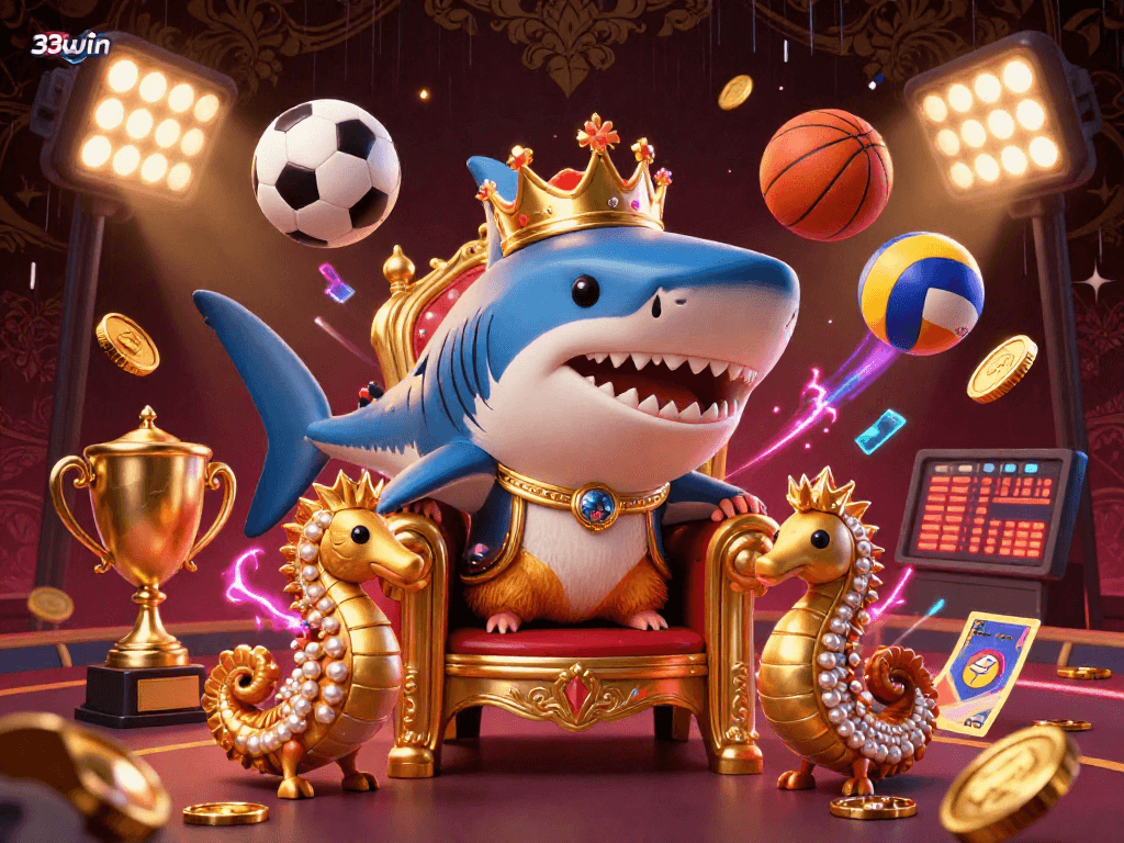 Experience sports betting excitement with 33win, featuring a golden hamster king and vibrant elements.