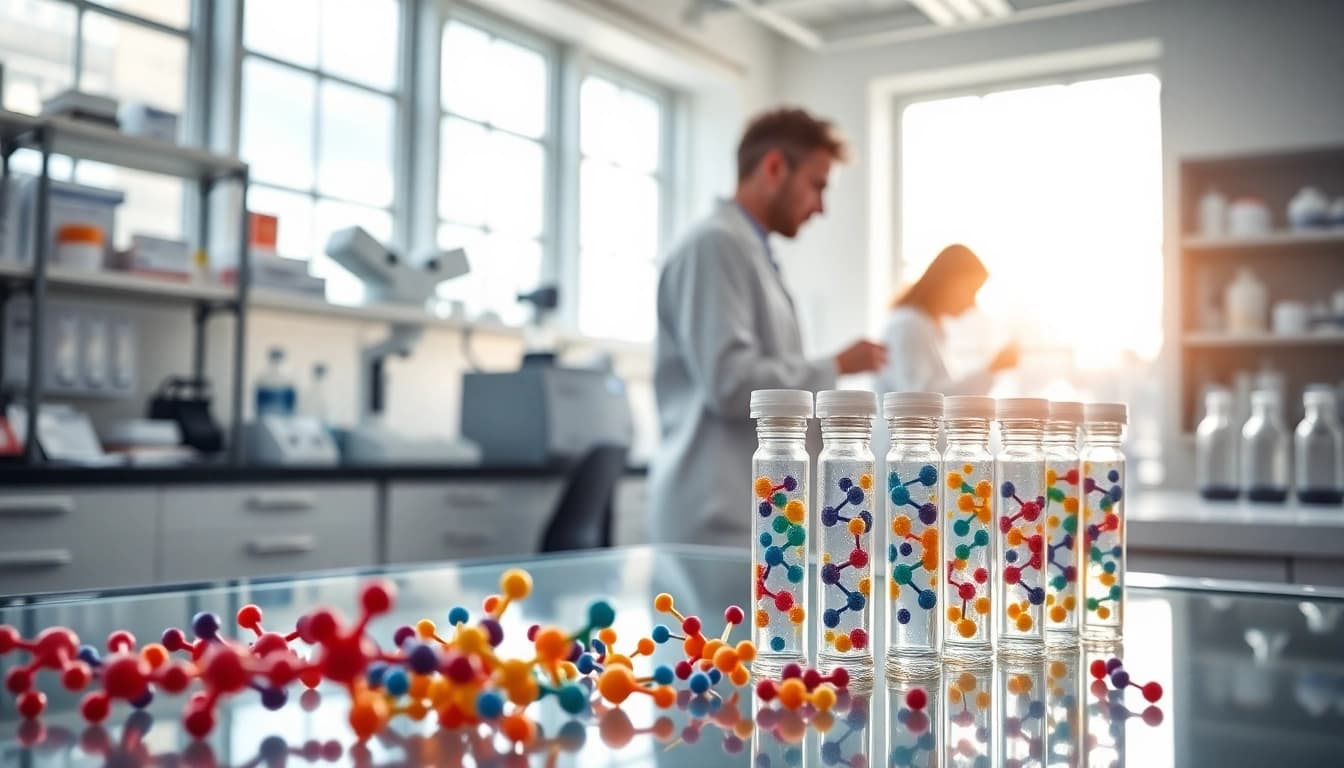 Analyzing research peptides in a vibrant lab setting with scientists focused on discovery.