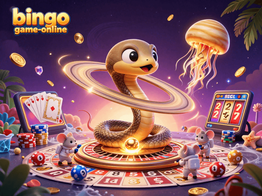 Engage in jackpot excitement at bingo-game-online with swirling bingo cards and vibrant cosmic characters.