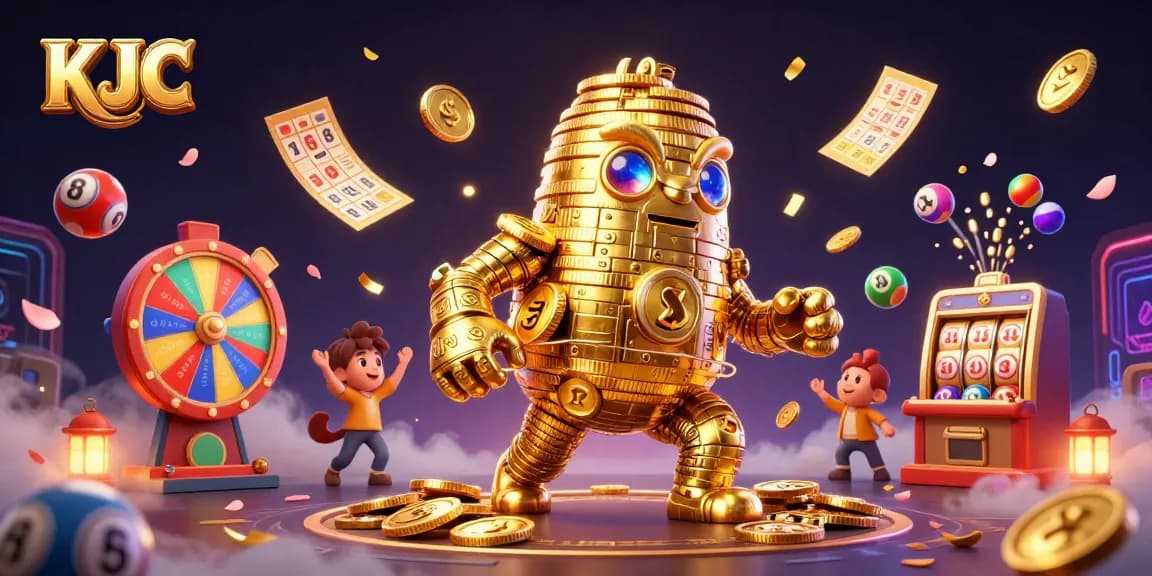 KJC's ancient golden golem celebrates with a vibrant array of lottery elements in a dynamic casino scene.