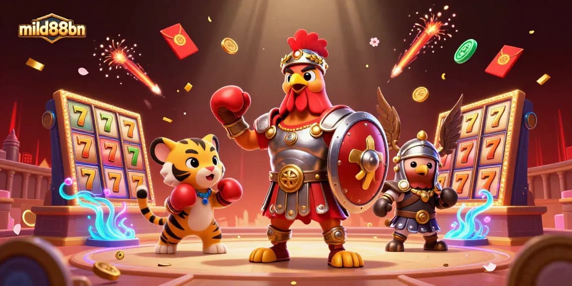 mild88bn showcases dynamic slot action featuring a rooster gladiator in vibrant casino imagery