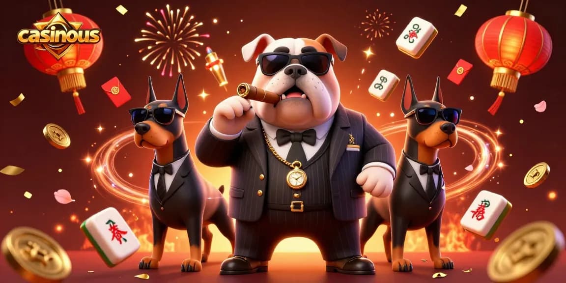 Casinous showcases a vibrant 3D scene with a bulldog mafia boss and Doberman bodyguards celebrating with casino elements.