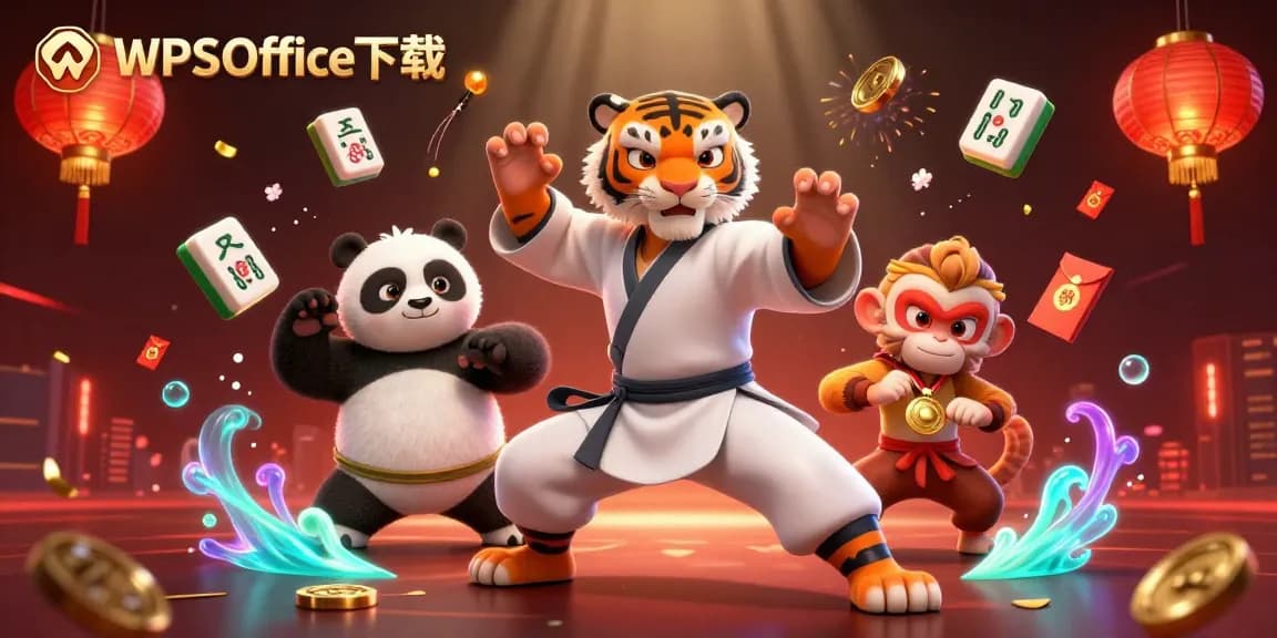 进行下载WPS Office下载的线上赌博活动，虎师傅表演武术，旁边有模仿的熊猫和偷取奖牌的猴子。