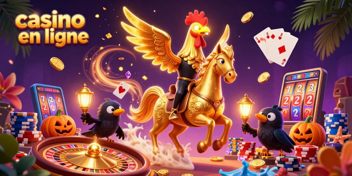 Gagnez avec le casino en ligne : une scène animée de casino remplie de pièces et de jeux.
