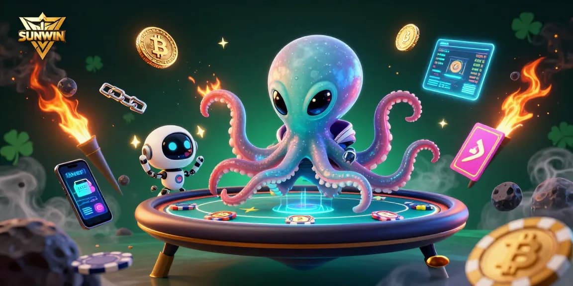 SUNWIN introduces an alien octopus engaging in thrilling poker gameplay with vibrant crypto elements