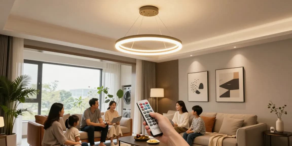 Lustra cu telecomanda modernă aduce o atmosferă caldă în living.