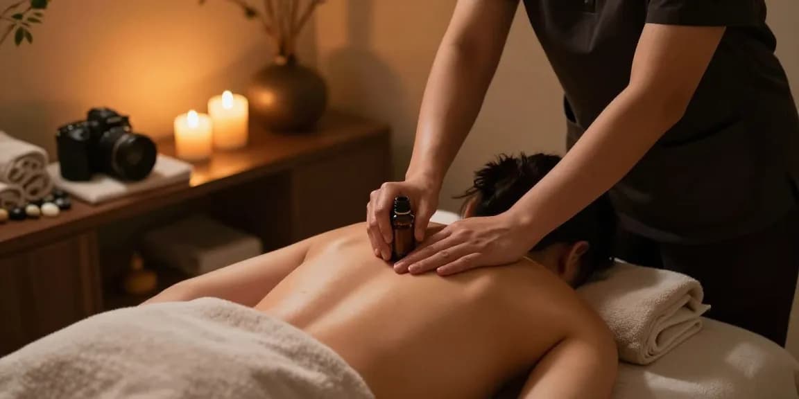 마사지 치료를 받는 고객과 편안한 분위기에서 전문 마사지사가 테라피를 진행하는 모습