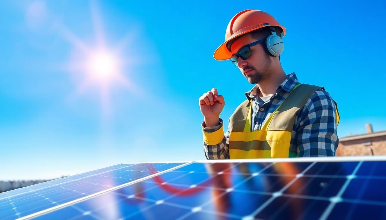 Performing solar maintenance Jersey City NJ with a technician examining solar panels on a rooftop.