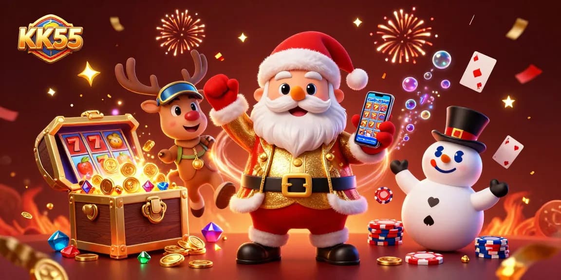 Join Santa Claus and friends at KK55 for jackpot slots excitement amid vibrant casino elements.