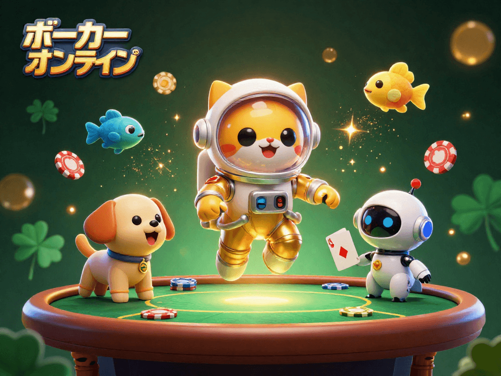 ポーカー オンラインで宇宙をテーマにしたカジノシーンを楽しむイラスト。