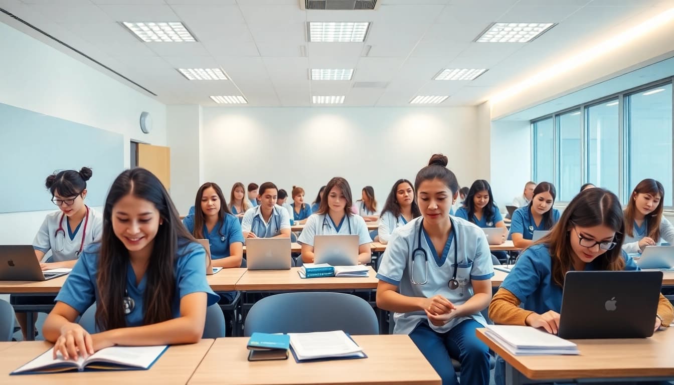 NCLEX review center Houston TX classroom scene with nursing students engaged in study.