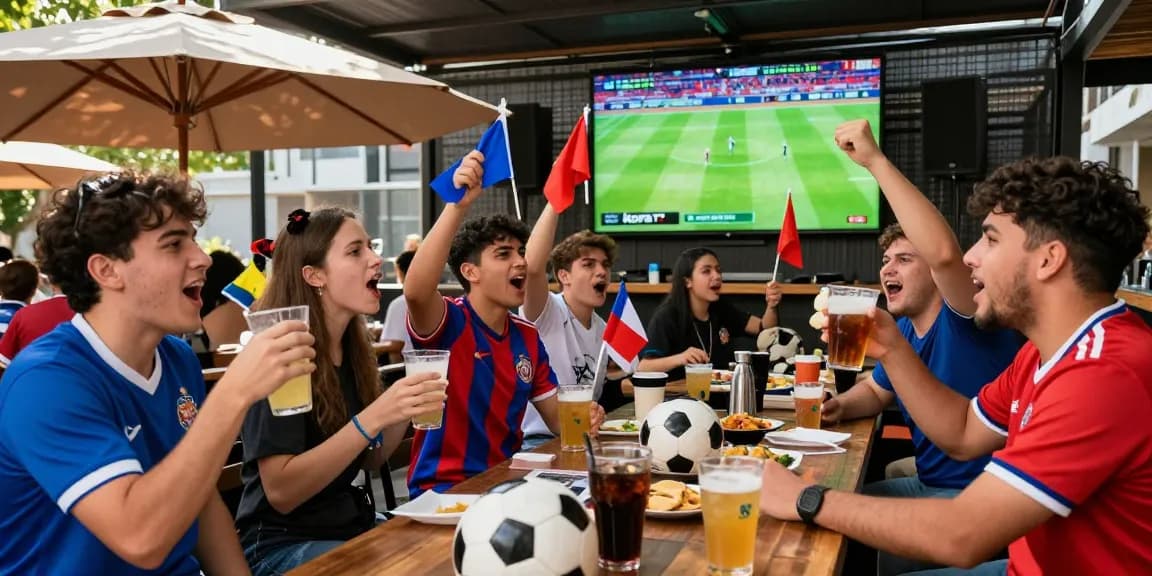 Fans enjoying a game at an outdoor bar with kora tv live broadcast, showcasing excitement and camaraderie.