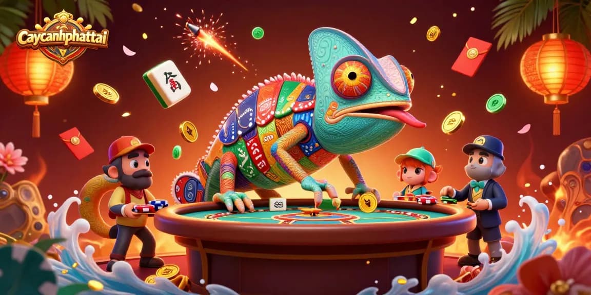 Experience the thrill of caycanhphattai as a colorful chameleon grabs golden coins amid the casino's excitement.