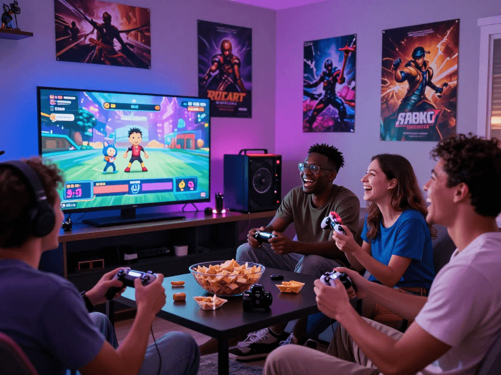 Friends playing an exciting porn game in a cozy gaming room, showcasing modern gaming culture.