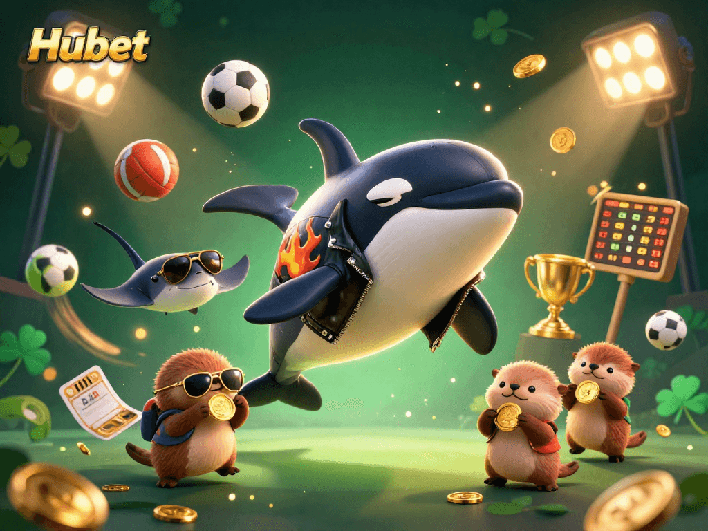 Hubet offers exciting gaming experiences, featuring playful characters enjoying a vibrant casino atmosphere.