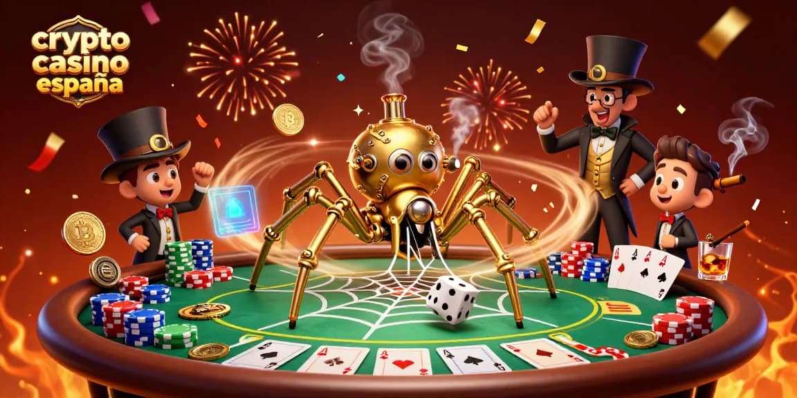 Pruebe juegos innovadores en crypto casino España con una escena animada de una araña y cartas.