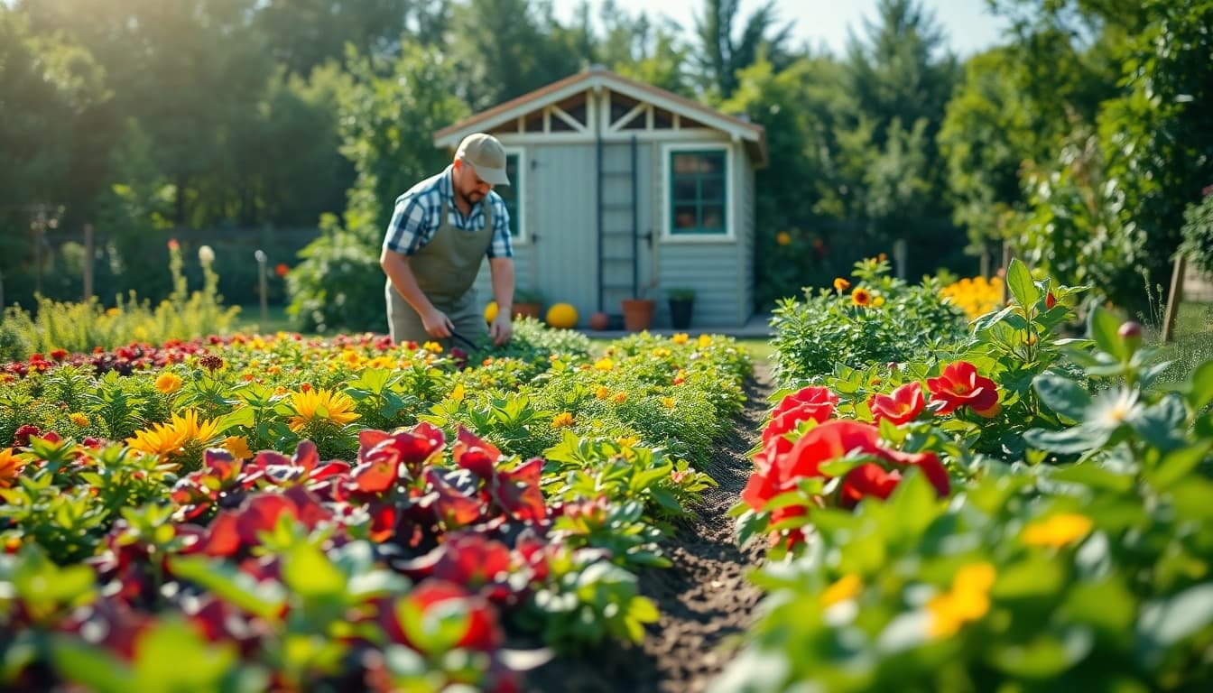 Gardening with vibrant vegetable plants and flowers in a peaceful outdoor setting.