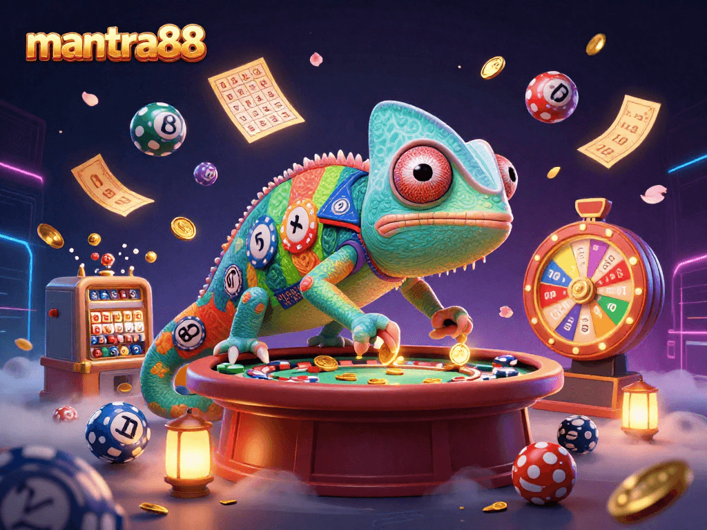 Experience winning at mantra88 with a vibrant 3D illustration of a chameleon casino owner capturing golden coins amidst a lively casino backdrop.