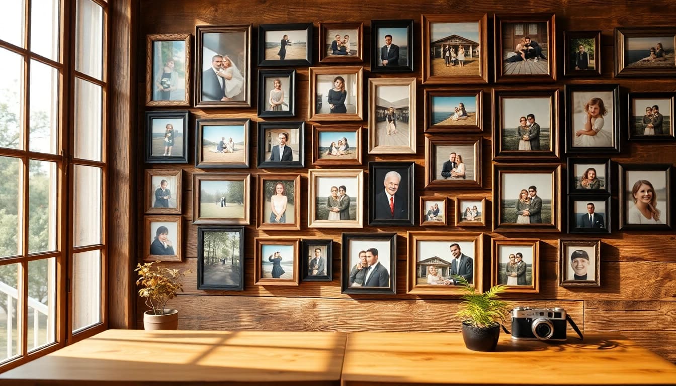 Create a captivating photo wall showcasing treasured memories, framed beautifully in warm lighting.
