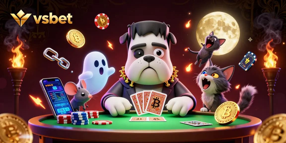 vsbet showcases a lively scene with a Frankenstein bulldog dealing cards, enhancing online gaming excitement.