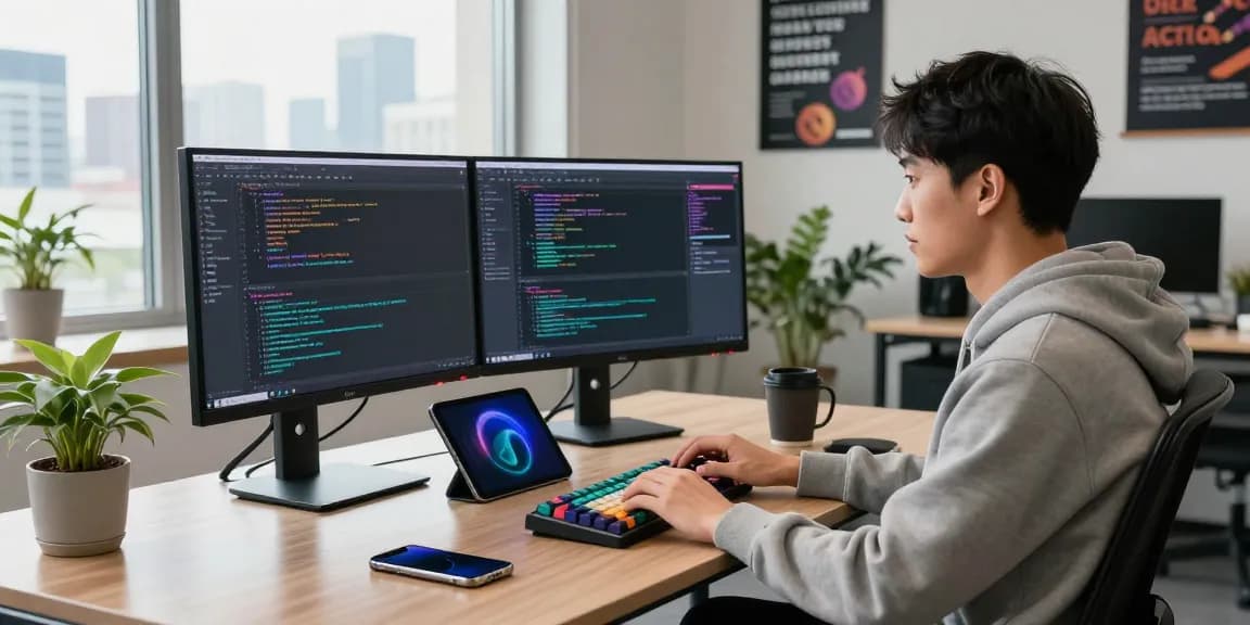 Software developer at a modern tech workspace coding on dual monitors, showcasing the bdtjl brand's innovative spirit and productivity.