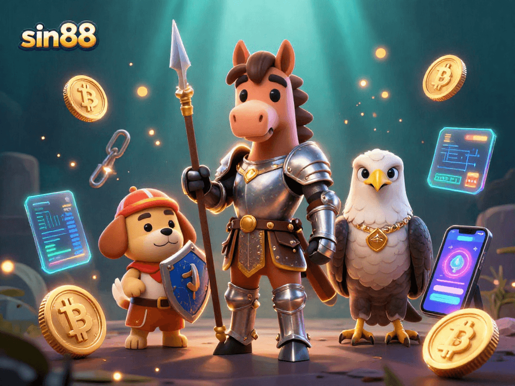 Engage with sin88 gaming action featuring medieval characters and cryptocurrency symbols in a vibrant casino scene.