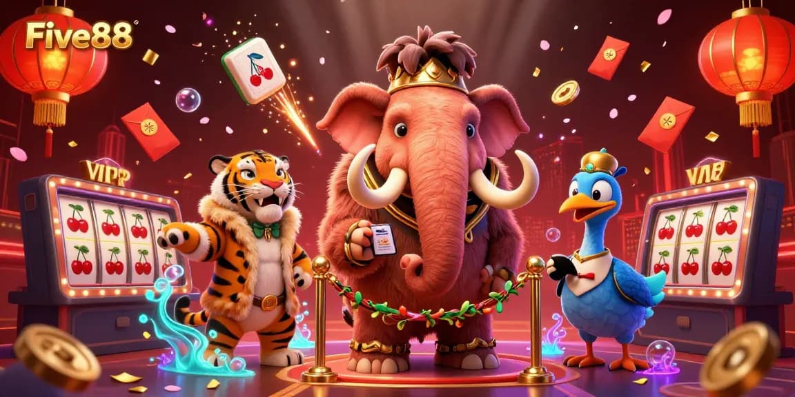 Engage with the vibrant scene of Five88’s casino featuring a woolly mammoth bouncer and exciting game elements.