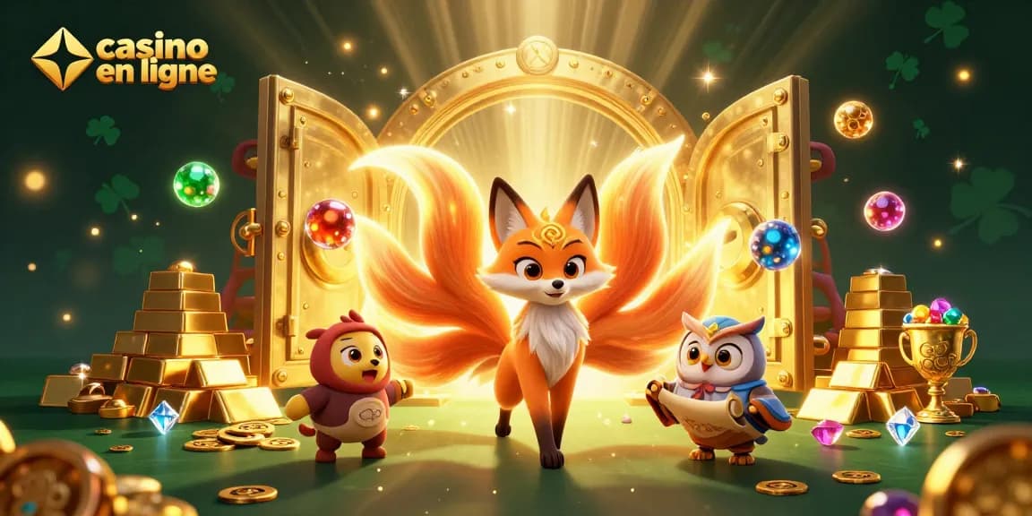 Jouez sur casino en ligne avec une illustration 3D enchanteresse mettant en valeur un renard à neuf queues et une chouette sage.