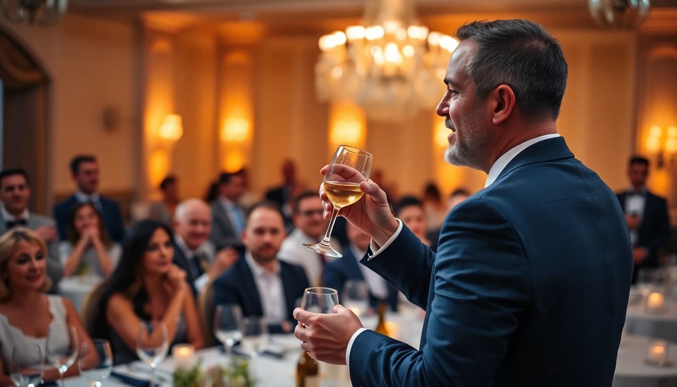 Man elegantly giving a toast with an audience engaged and smiling at a festive gathering.