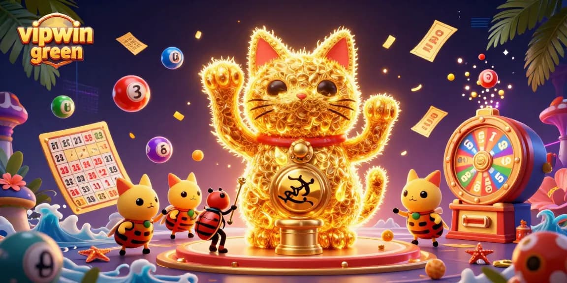 Experience the excitement of vipwin green with buzzing lottery elements and a lucky cat guide in a vibrant scene.
