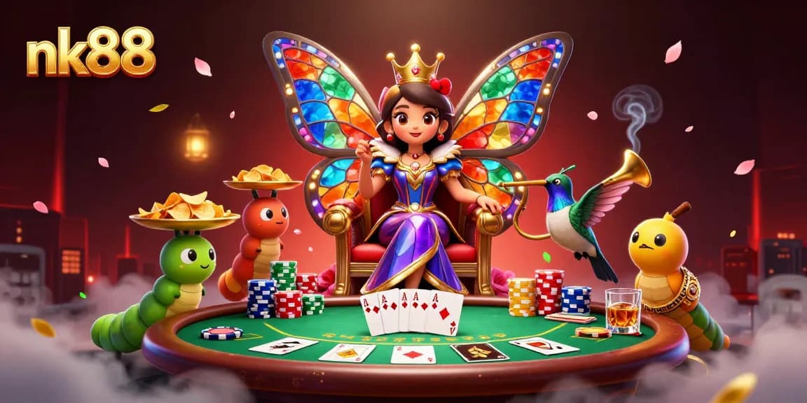Play poker with the enchanting nk88 butterfly queen among vibrant chips and cards.