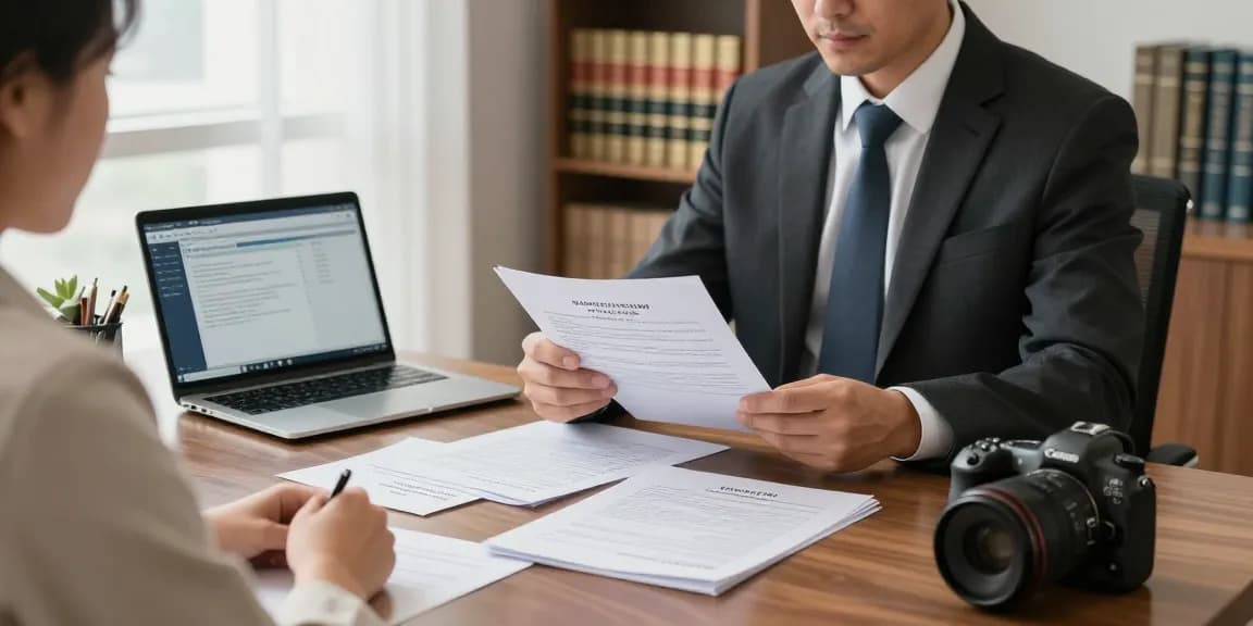 Your domain name lawyer consulting with client amidst legal documents