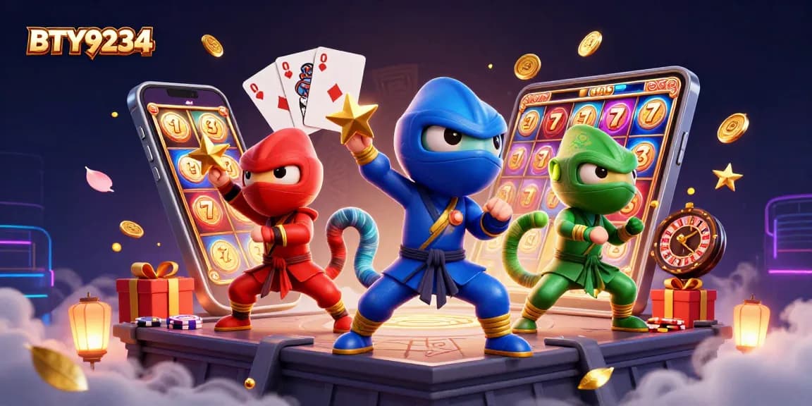 BTY9234 showcases a dynamic trio of ninja chameleons amidst casino-themed elements.