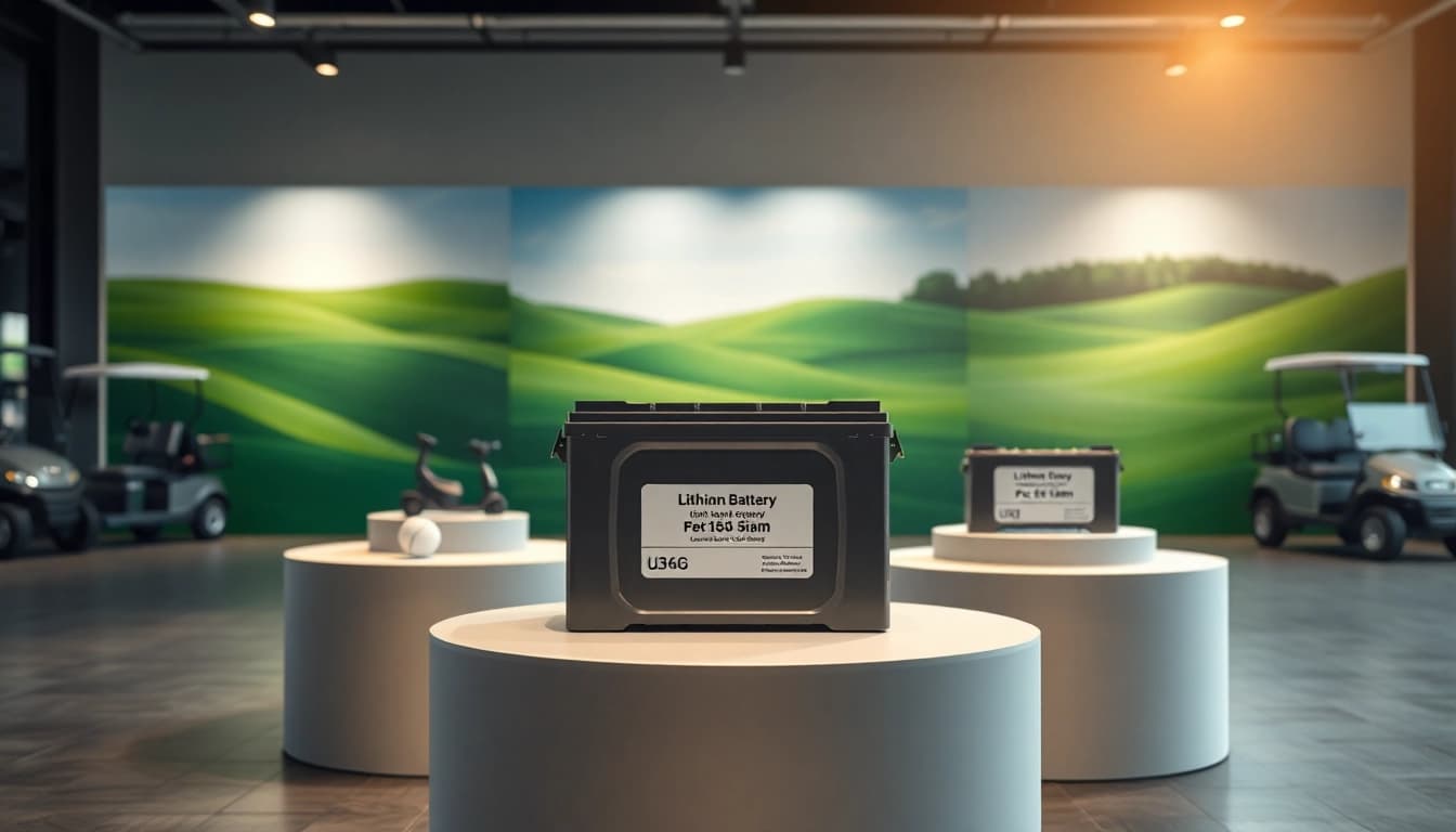 Showcasing lithium golf cart batteries with a sleek design in a professional showroom setting