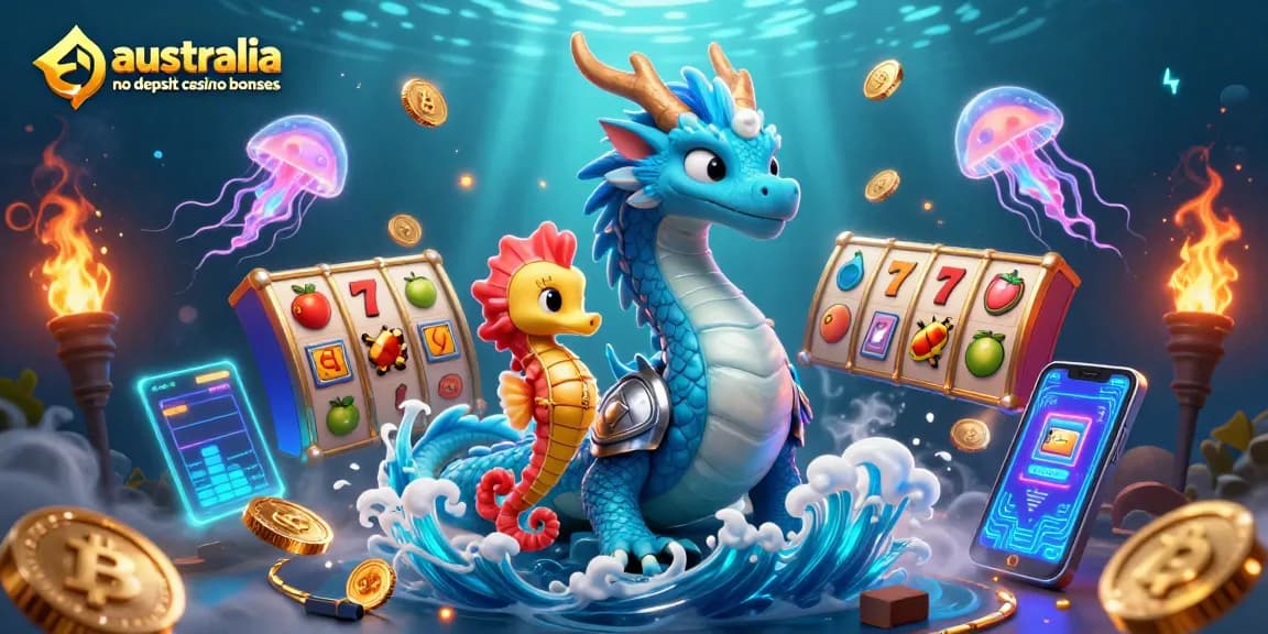 Win with australia no deposit casino bonuses featuring a dragon, seahorse knight, and neon jellyfish.