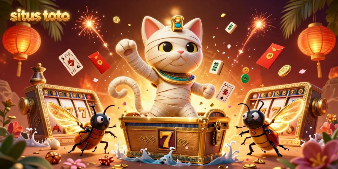 Experience situs toto with a vivid scene of a mummy cat and gaming elements in a dynamic casino atmosphere.