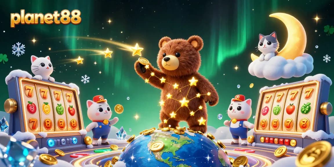 Experience the excitement of planet88 with dynamic slot reels, golden coins, and playful characters in a colorful casino scene.