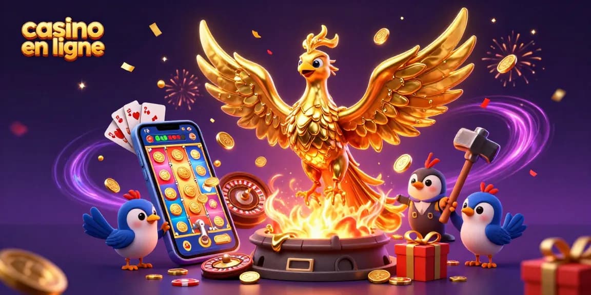 Jouer au casino en ligne avec une phénix dorée et des jeux de machines à sous colorées.