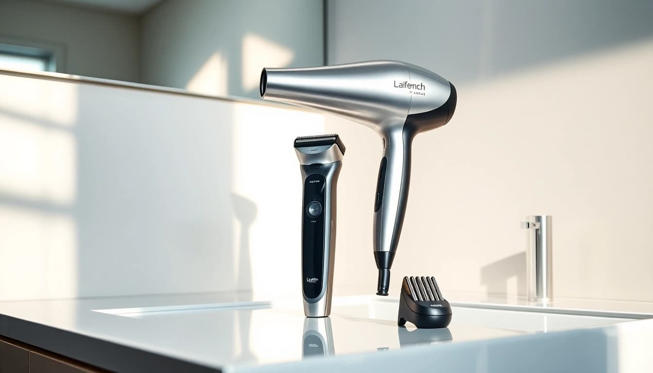 Laifentech electric grooming products arranged on a modern vanity, highlighting sleek design.