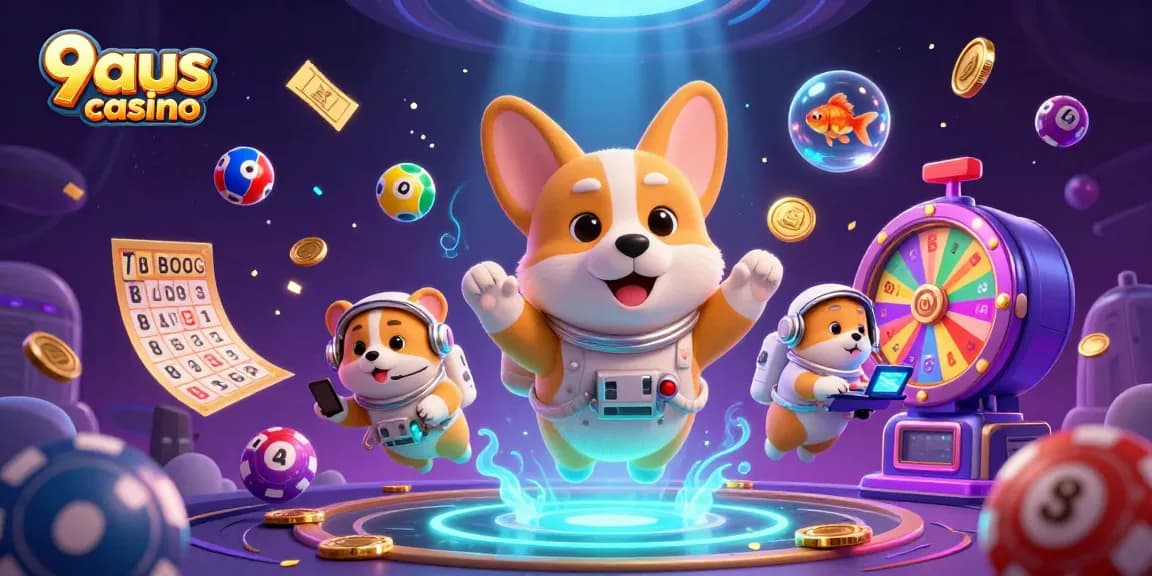 Join the fun at 9aus casino, where a dog astronaut drifts amidst floating poker chips and lottery balls.