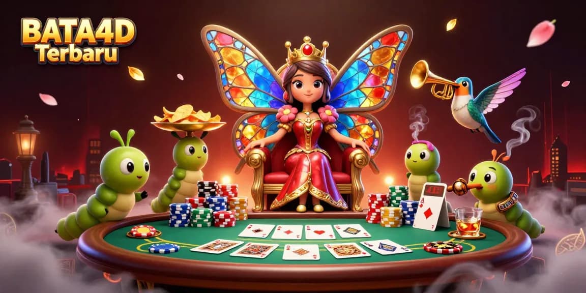 Engage with BATA4D Terbaru's vibrant casino scene featuring a butterfly queen amidst poker excitement.