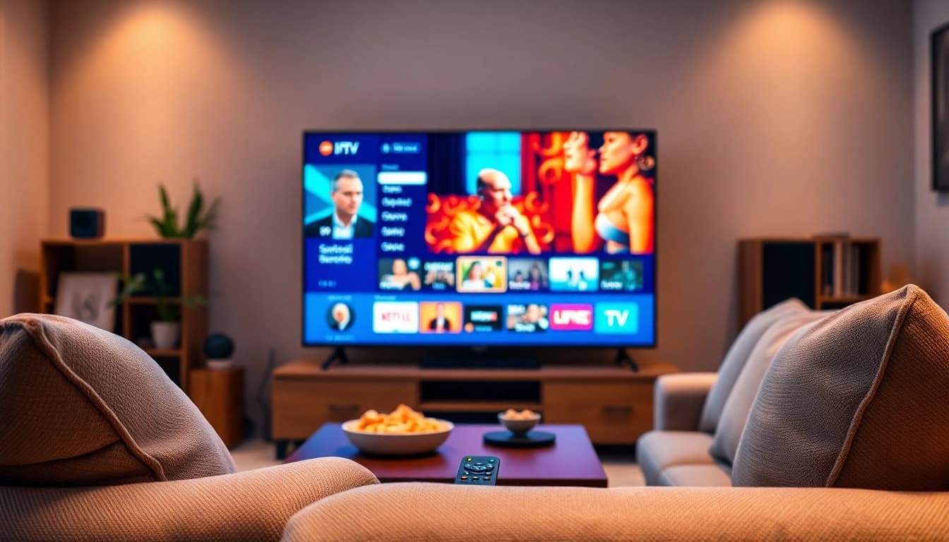 Enjoying vibrant IPTV services in a cozy living room with sleek setup and inviting atmosphere.