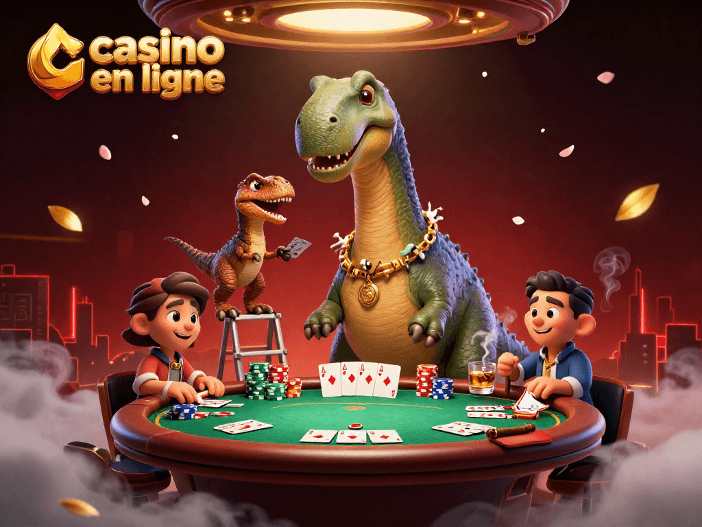 Venez jouer au casino en ligne avec ce brontosaurus devenu croupier dans un univers ludique plein de cartes et de jetons.