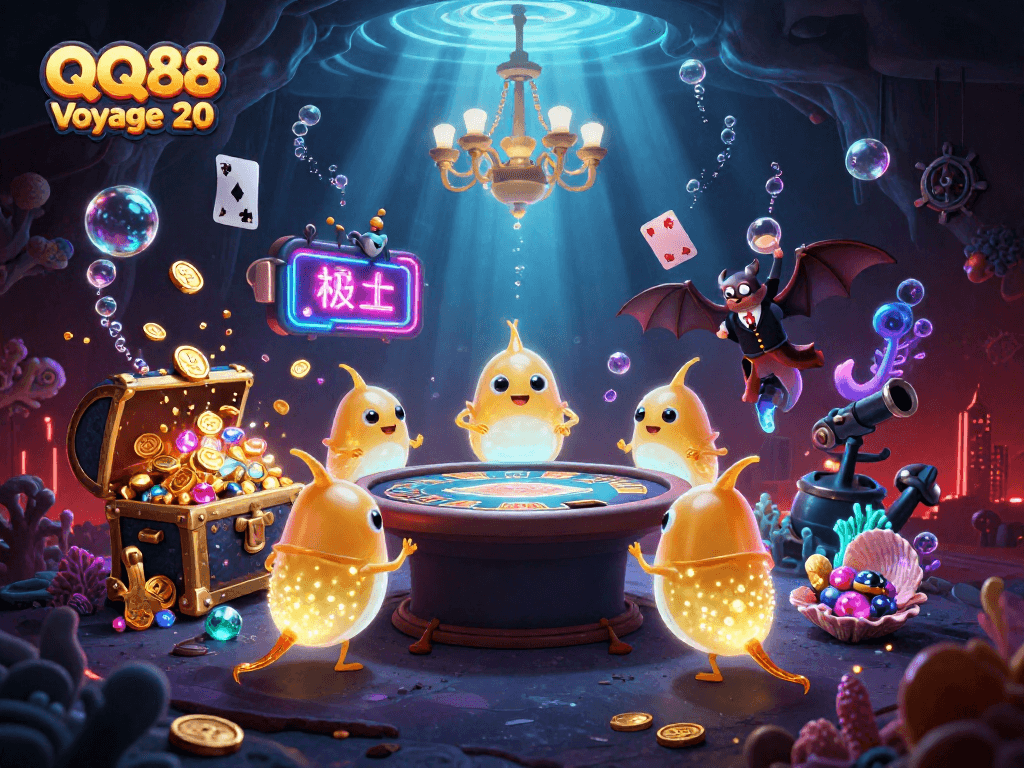 Illuminate your gaming adventure with QQ88 Voyage 20's captivating glowworm casino scene featuring unique games and treasures.